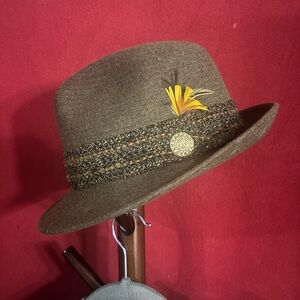 Brown Fedora Hat with Feather Accent